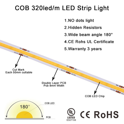 জলরোধী COB LED স্ট্রিপস কোন ডট কানেক্টিং কাটিং 12 24 ভোল্ট সাদা সুপার ব্রাইট