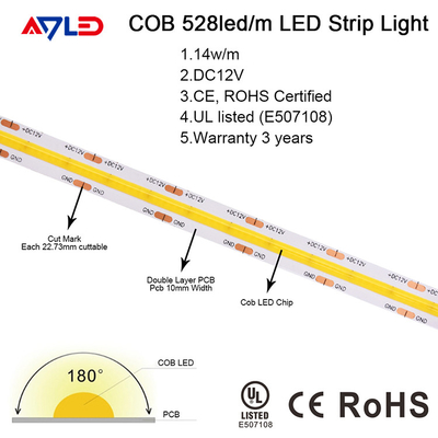 12V 24V ডটলেস COB LED স্ট্রিপ লাইট নমনীয় চিপ অন বোর্ড ডিমেবল 10 মিমি